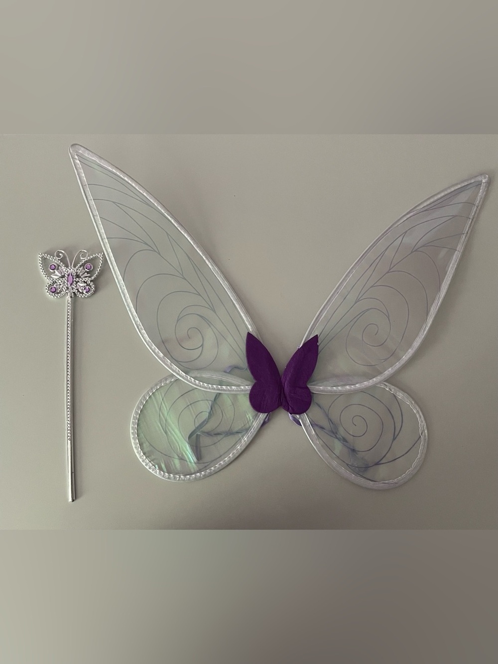 Iridescent Fairy Wings with Purple Butterfly Accent and Fairy Wand